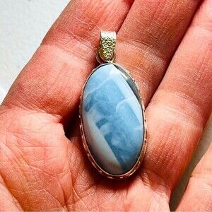 Blue Lace Agate Oval Necklace Sterling Silver